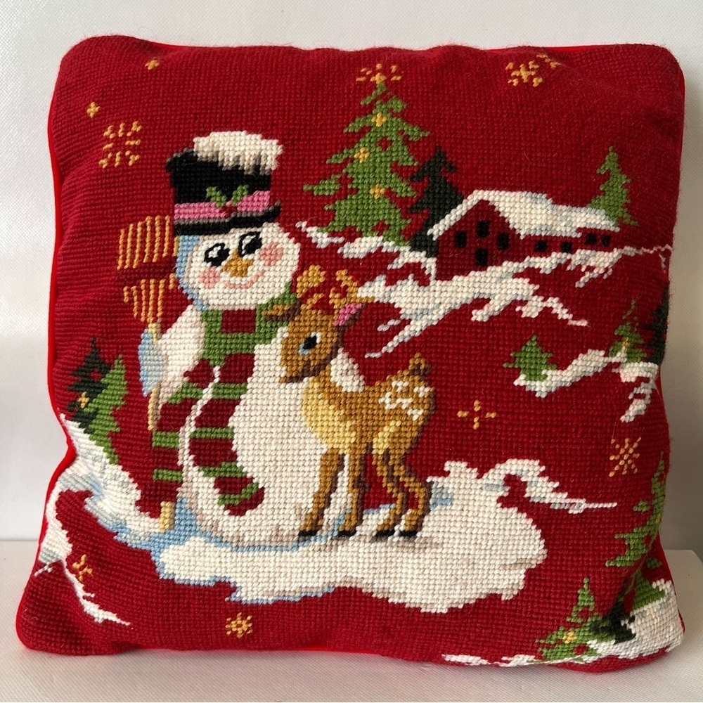 Vintage Needle Point Christmas Frosty Snowman Pillow
